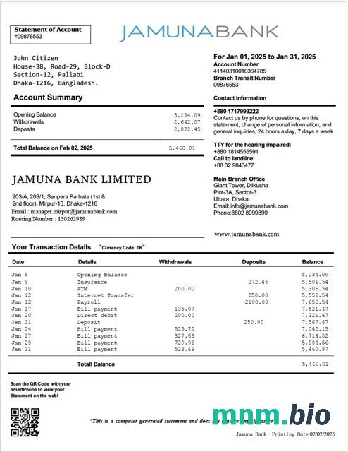 Bangladesz exim wyciąg bankowy z konta Word i szablon PDF, 2 strony